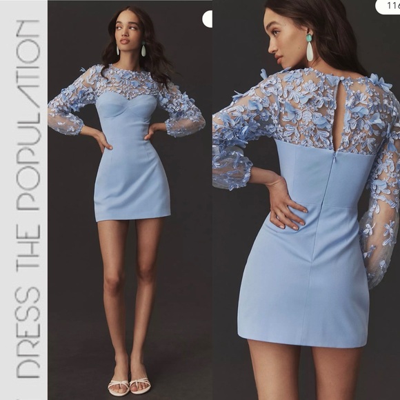 Dress the Population Dresses & Skirts - NWT Dress The Population MILA Embellished Lace Trim Long Sleeve Mini Dress m